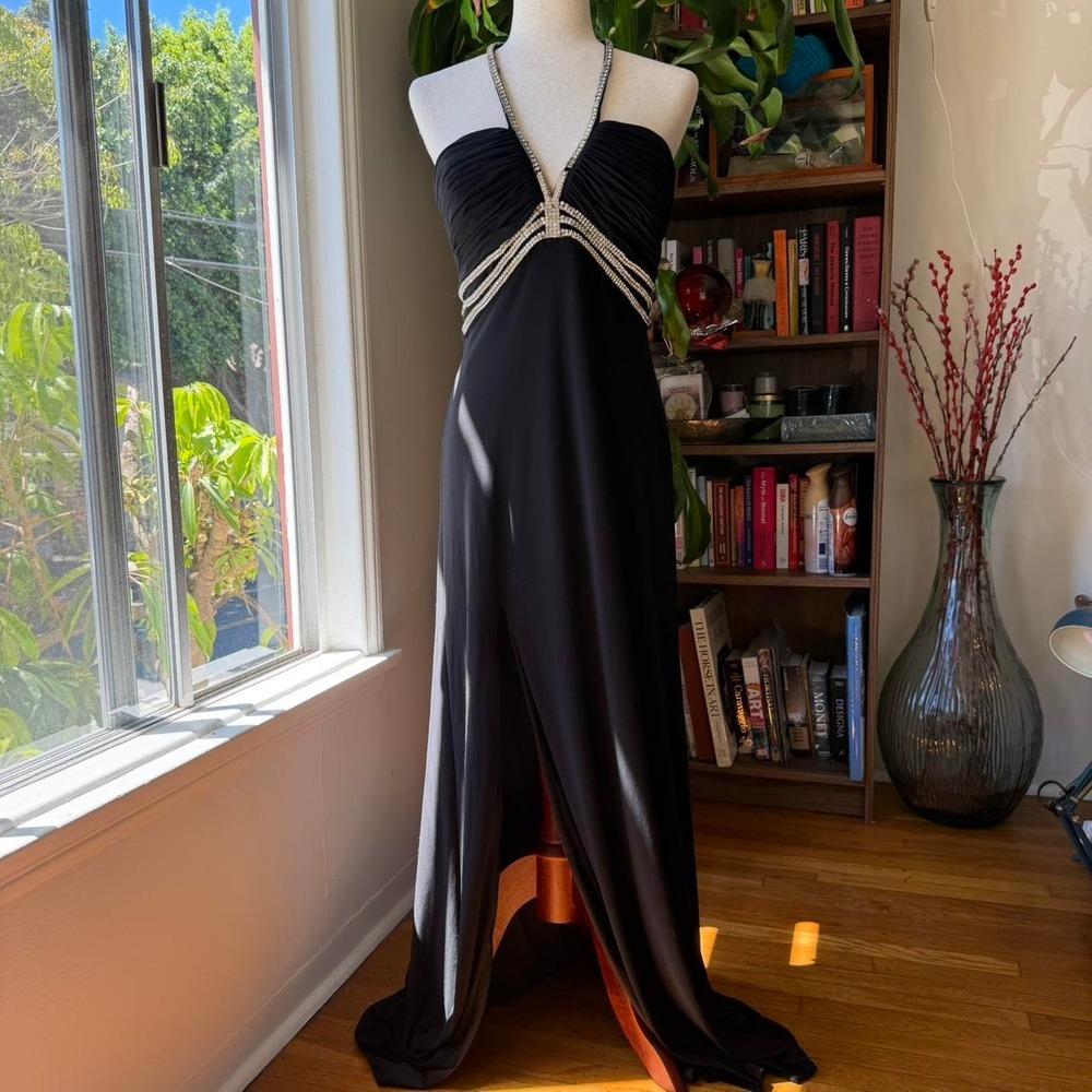 Night Way Black Rhinestone Halter Formal Prom Dress Side Slit Y2K Large